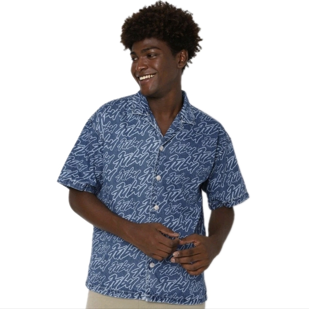 Fubu x Forever 21 Denim Shirt Men’s XL Button Down All Over Print Y2K Streetwear